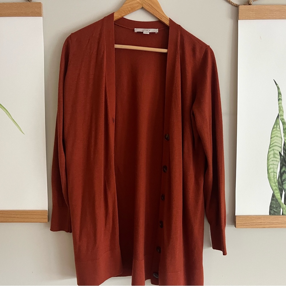 LOFT Brown Cardigan Sweater Long Open Front